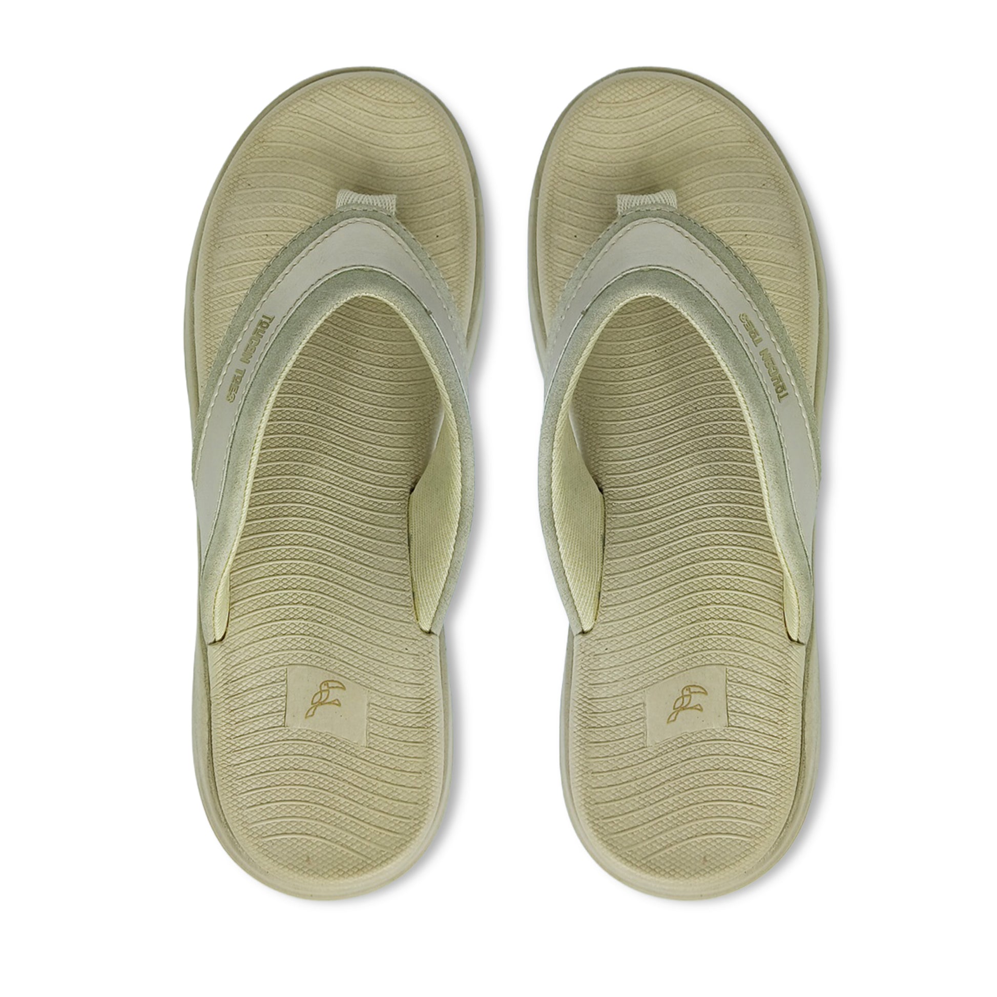 Toucantoes beige flip-flops with textured sole and logo, stylish comfortable footwear