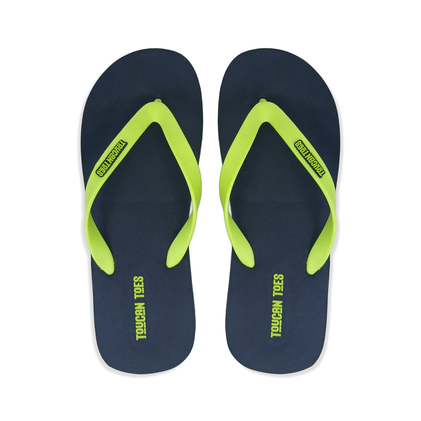 Toucan Toes navy blue flip-flops with neon green straps, stylish durable footwear
