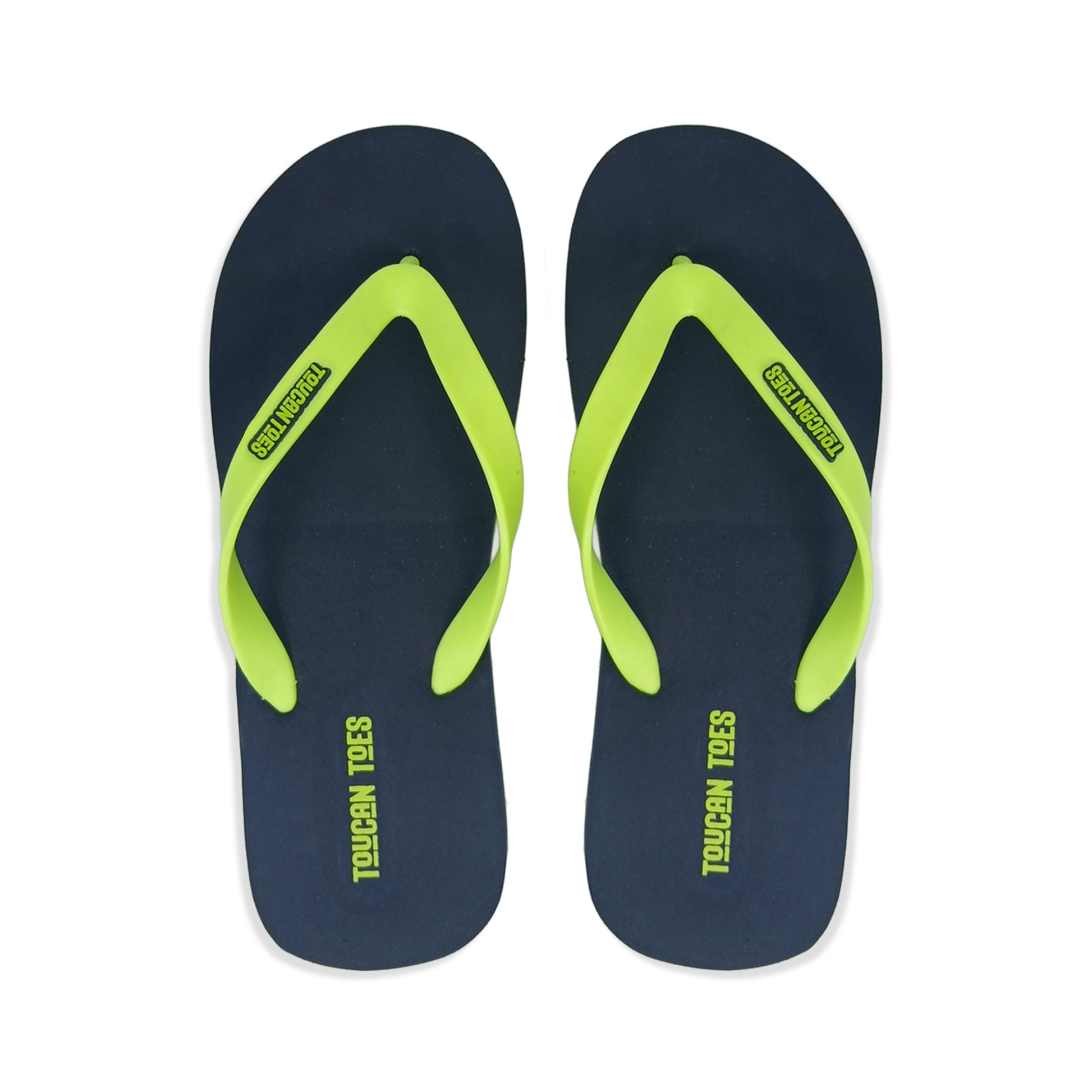 Toucan Toes navy blue flip-flops with neon green straps, stylish durable footwear