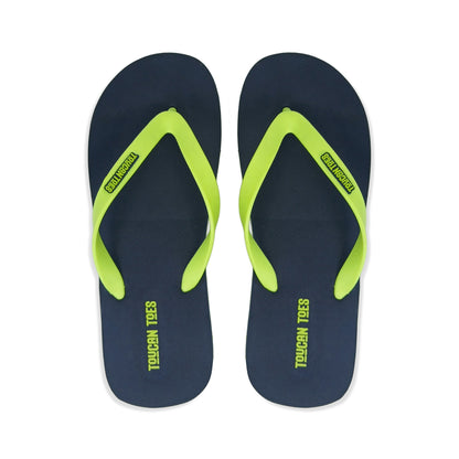 Toucan Toes navy blue flip-flops with neon green straps, stylish durable footwear