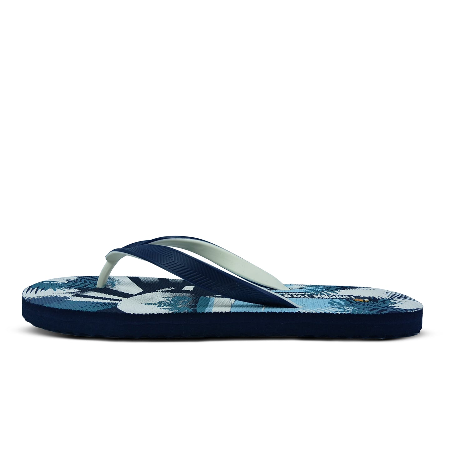 Toucantoes stylish blue flip-flop with tropical pattern and durable straps on white background