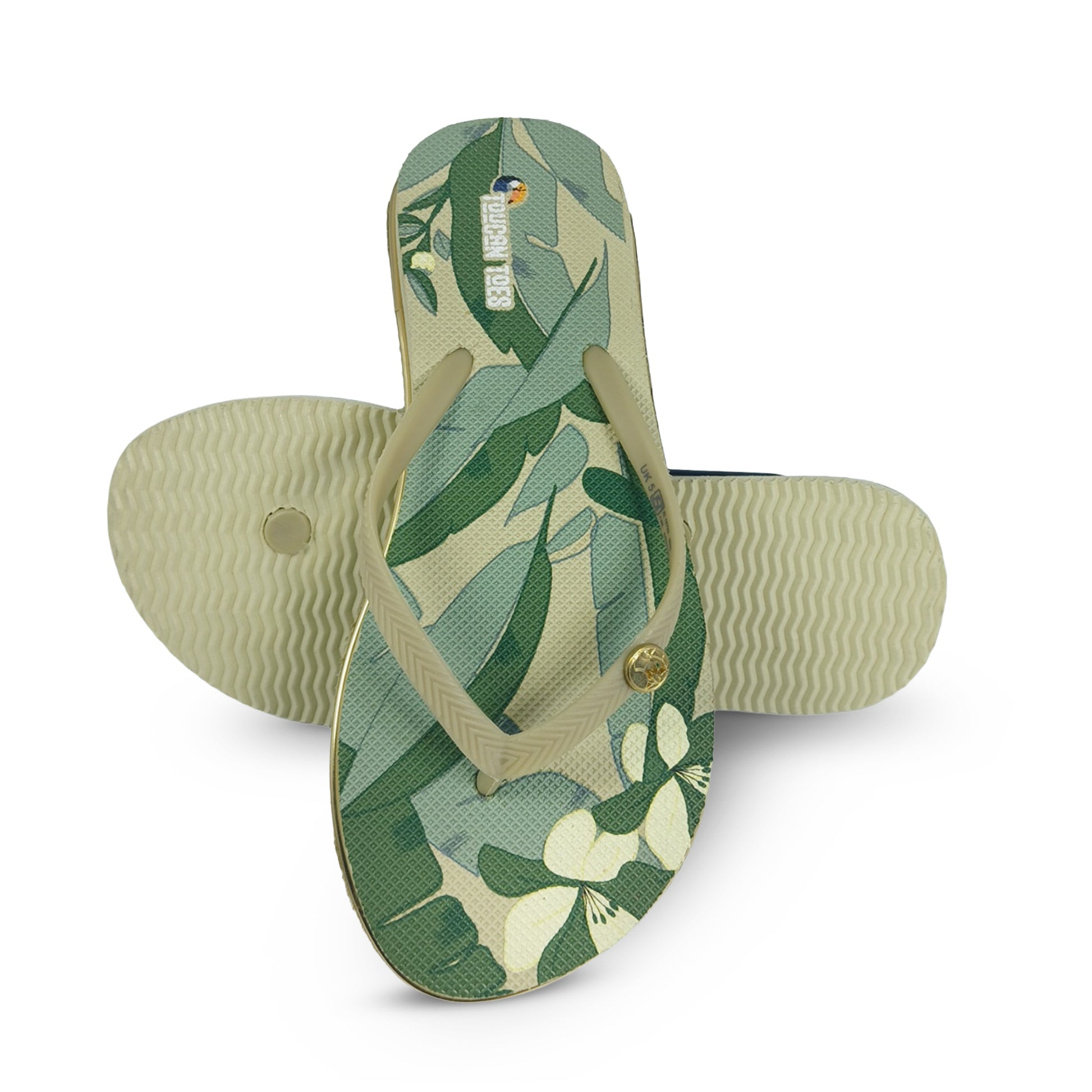 Toucantoes green leaf print flip-flops with textured sole, stylish and comfortable footwear