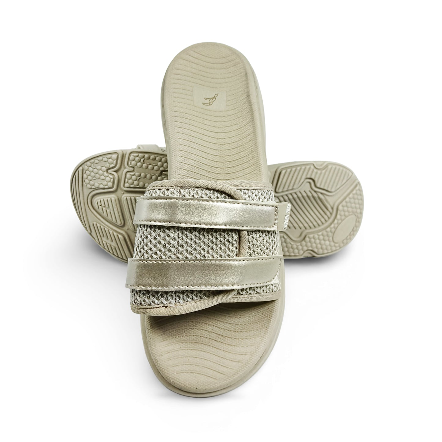 Beige mesh slides with textured sole by Toucantoes, stylish comfortable footwear for men and women