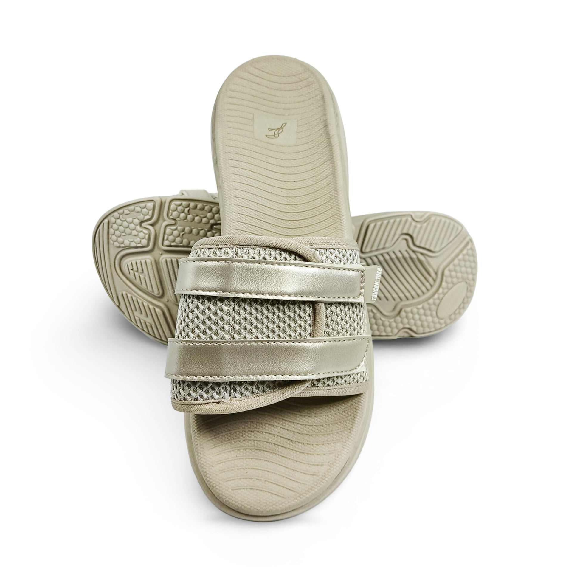 Beige mesh slides with textured sole by Toucantoes, stylish comfortable footwear for men and women