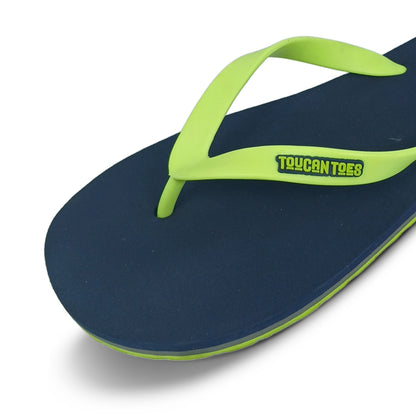 Toucantoes navy blue flip-flop with neon green strap and logo, stylish durable footwear