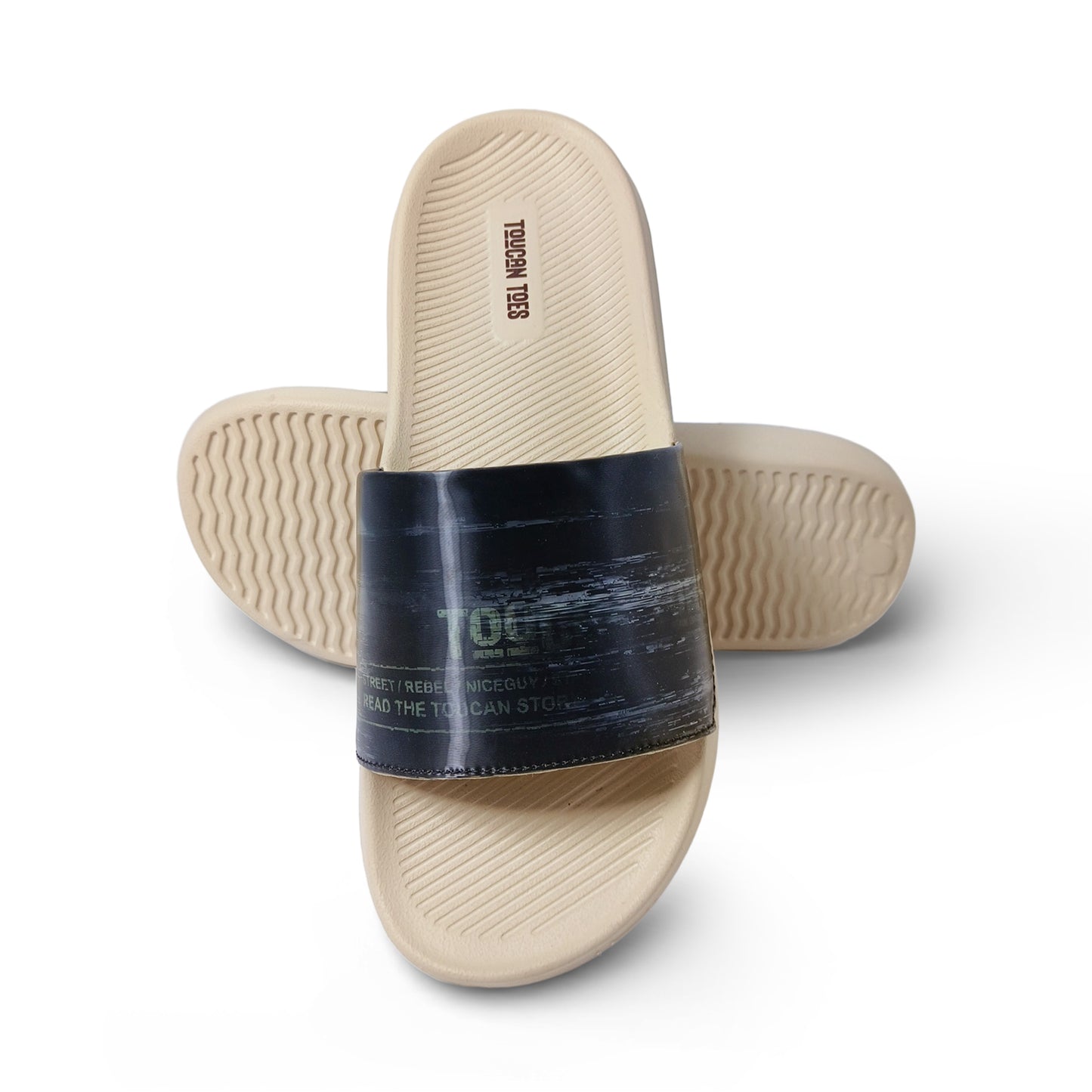 Toucantoes beige slide sandals with black strap, stylish and durable casual footwear for men