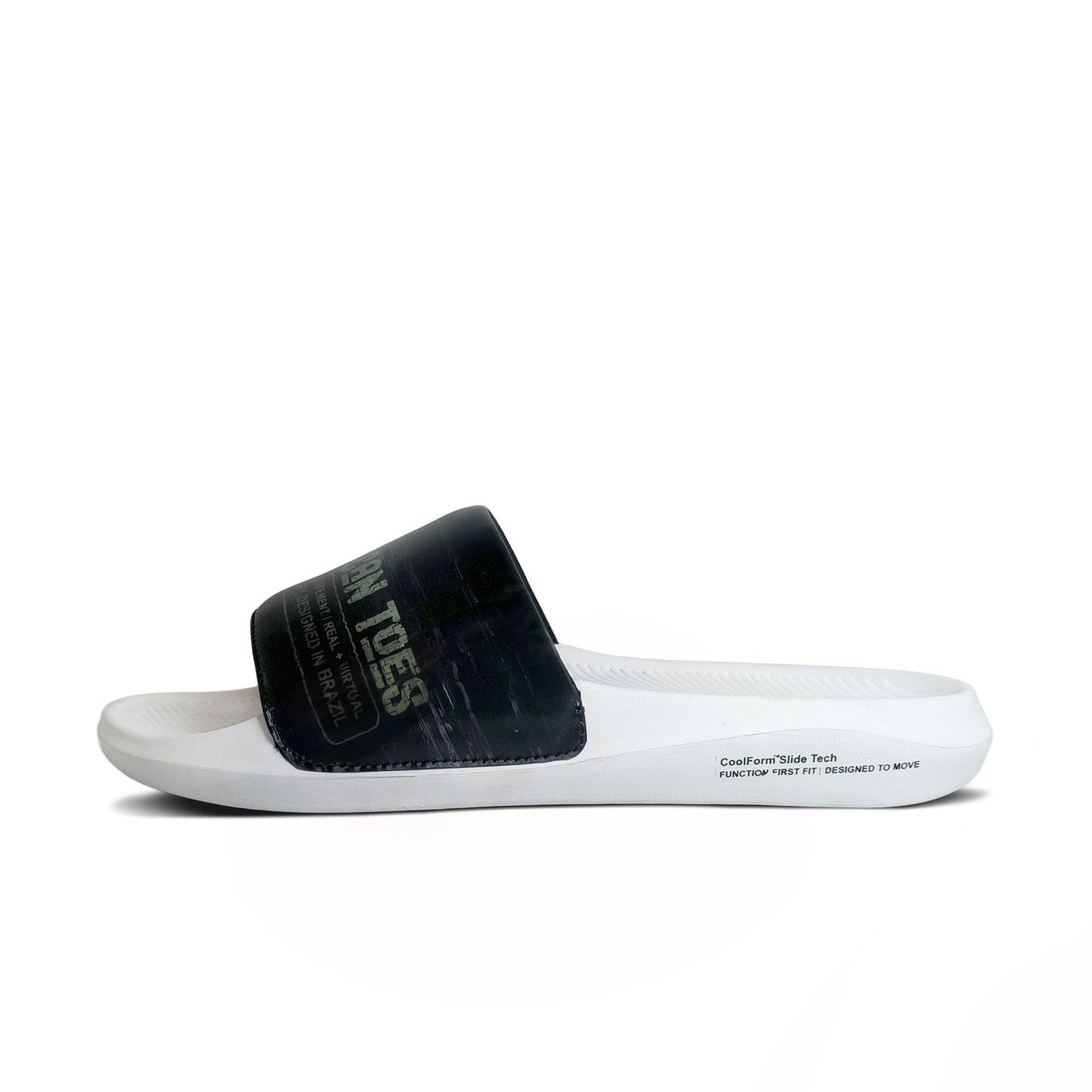 White slide sandal with black strap featuring 'TOES' text and CoolForm Slide Tech branding