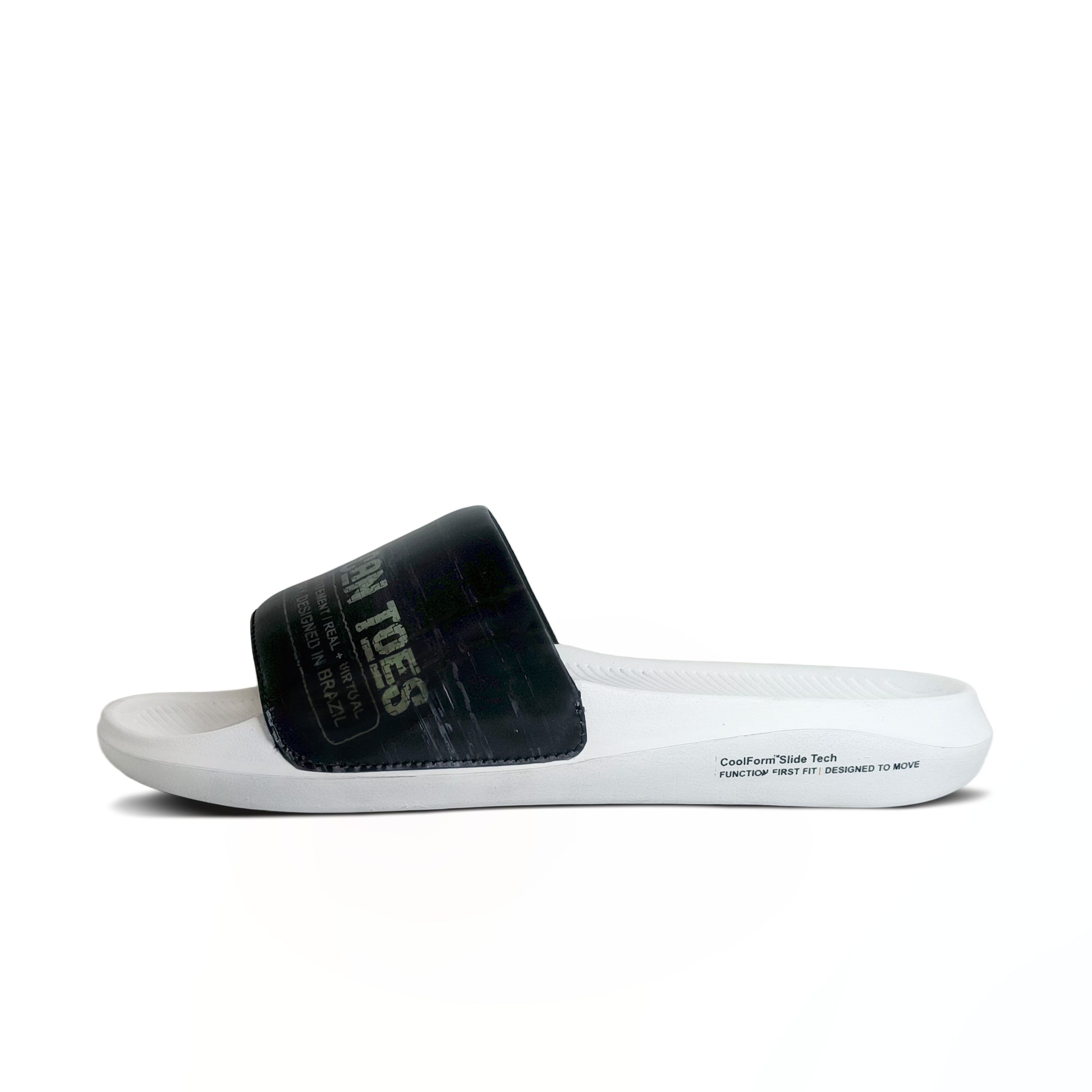 White slide sandal with black strap featuring 'TOES' text and CoolForm Slide Tech branding
