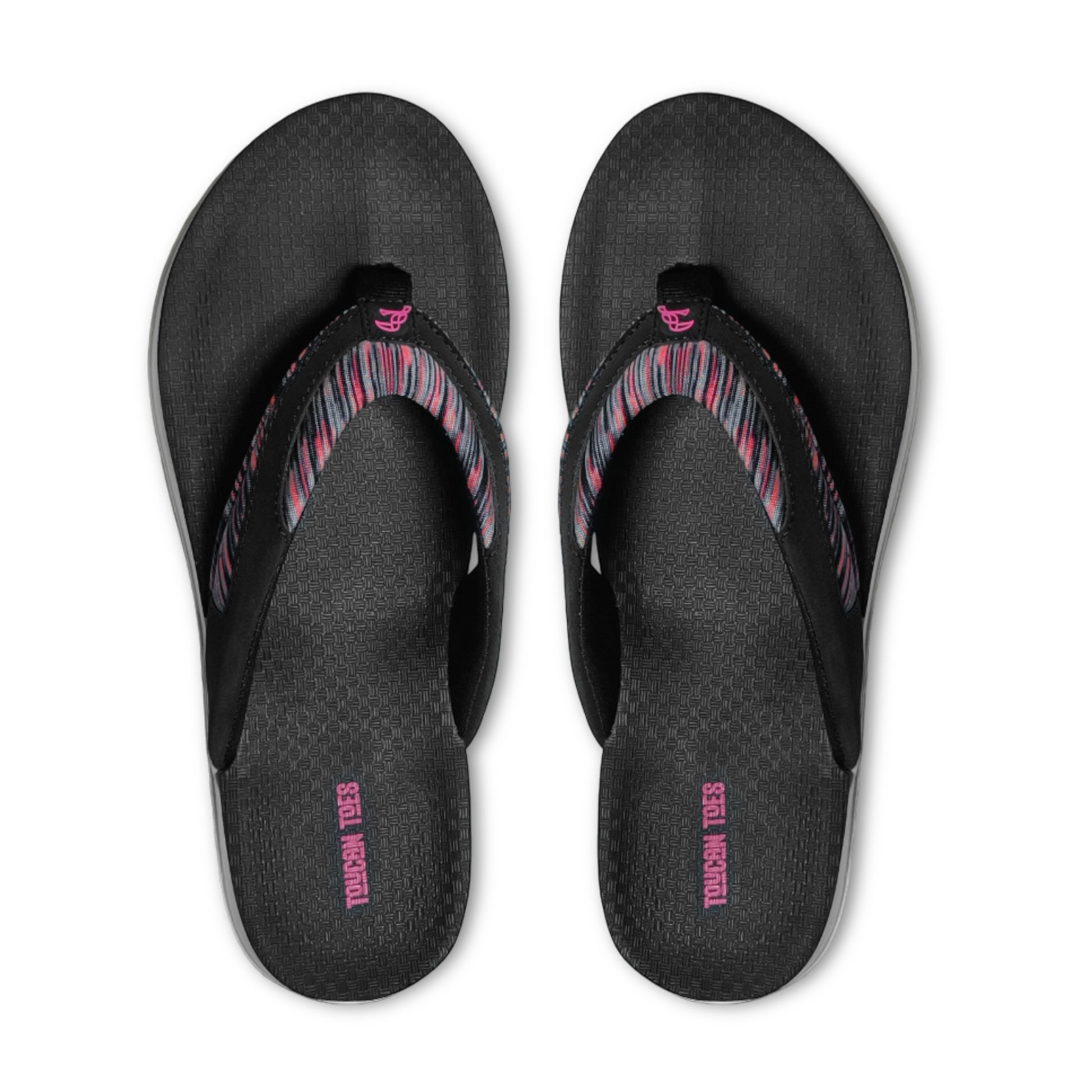 Black flip flop sandals with pink logo and striped fabric thong straps on white background