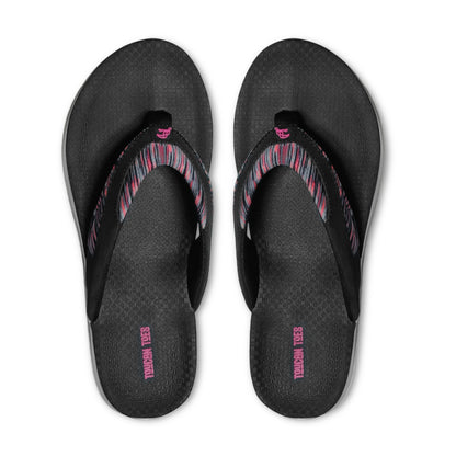 Black flip flop sandals with pink logo and striped fabric thong straps on white background