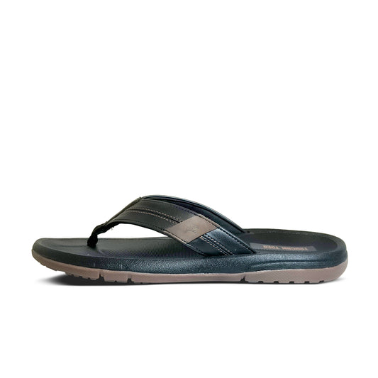 Black and brown thong sandal with textured sole and double stitched straps on white background