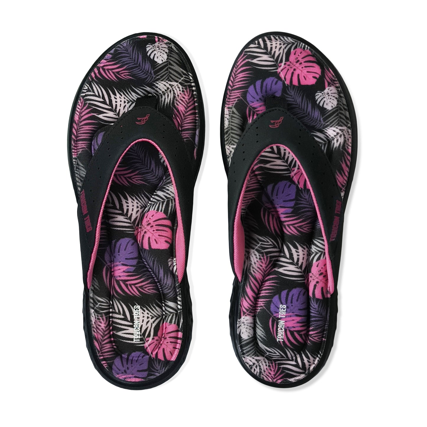 Toucantoes women's flip-flops with black straps and colorful tropical leaf print footbed