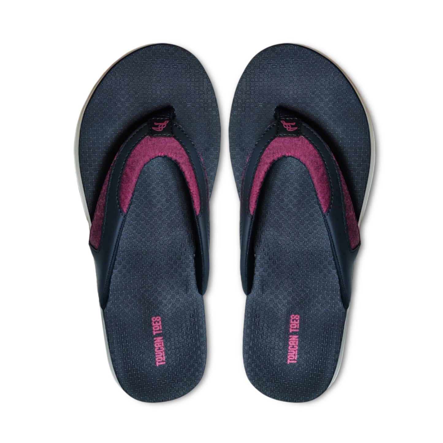 Black and maroon Toucan Toes flip-flop sandals with textured footbed
