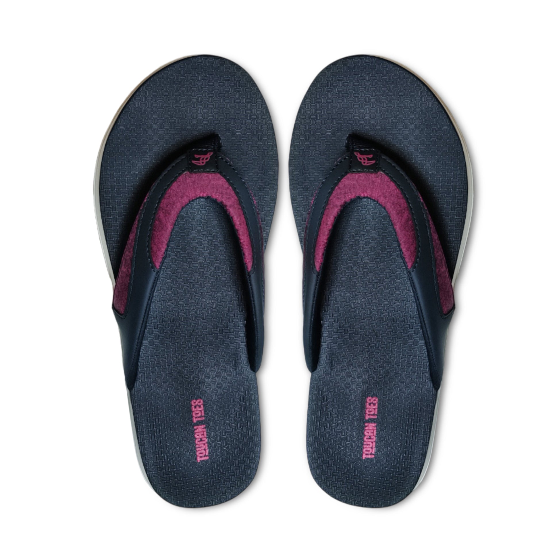 Black and maroon Toucan Toes flip-flop sandals with textured footbed