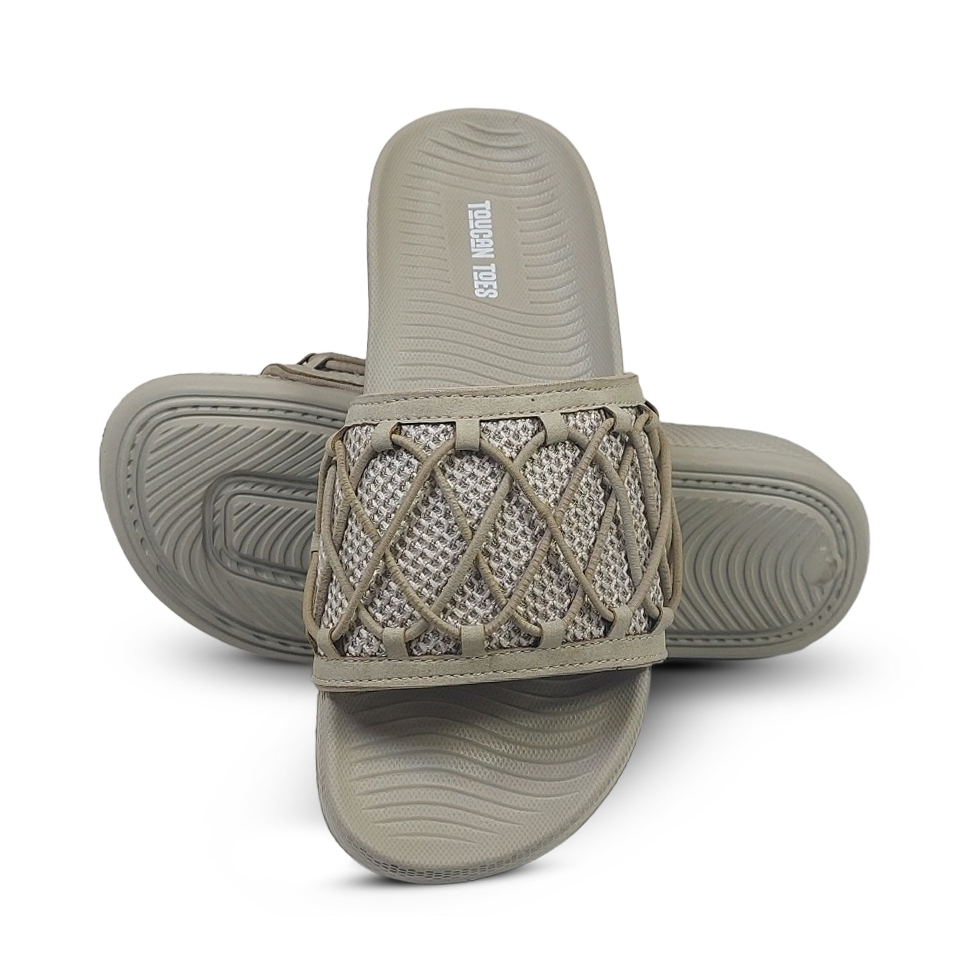Toucantoes beige slide sandals with textured strap and cushioned sole, stylish footwear