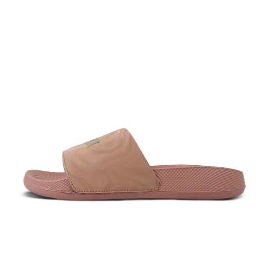 Toucantoes pink slide sandal with textured sole and marbled strap on white background