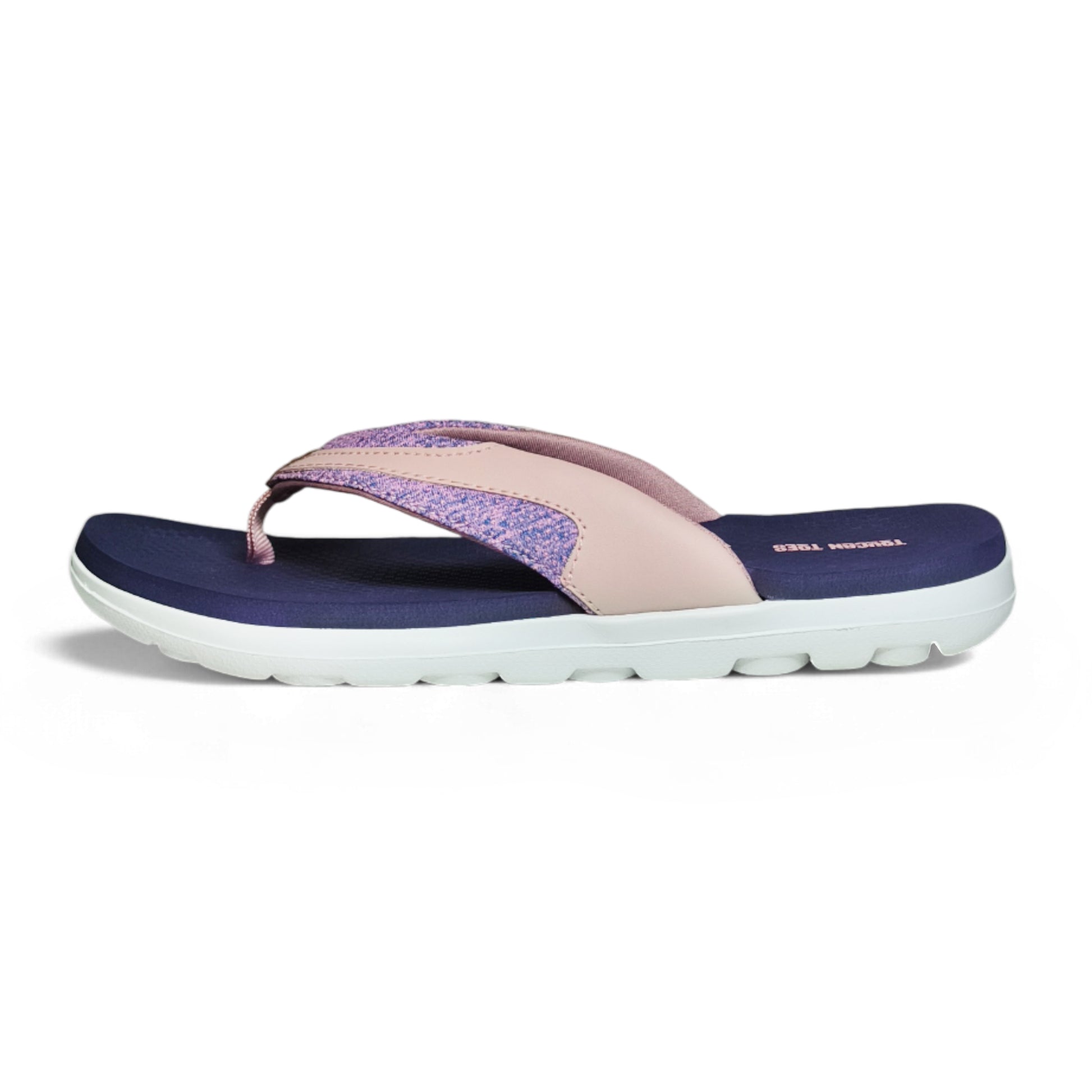 Light purple and pink cushioned thong sandal with navy footbed and white sole