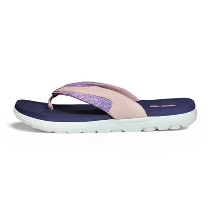 Light purple and pink cushioned thong sandal with navy footbed and white sole