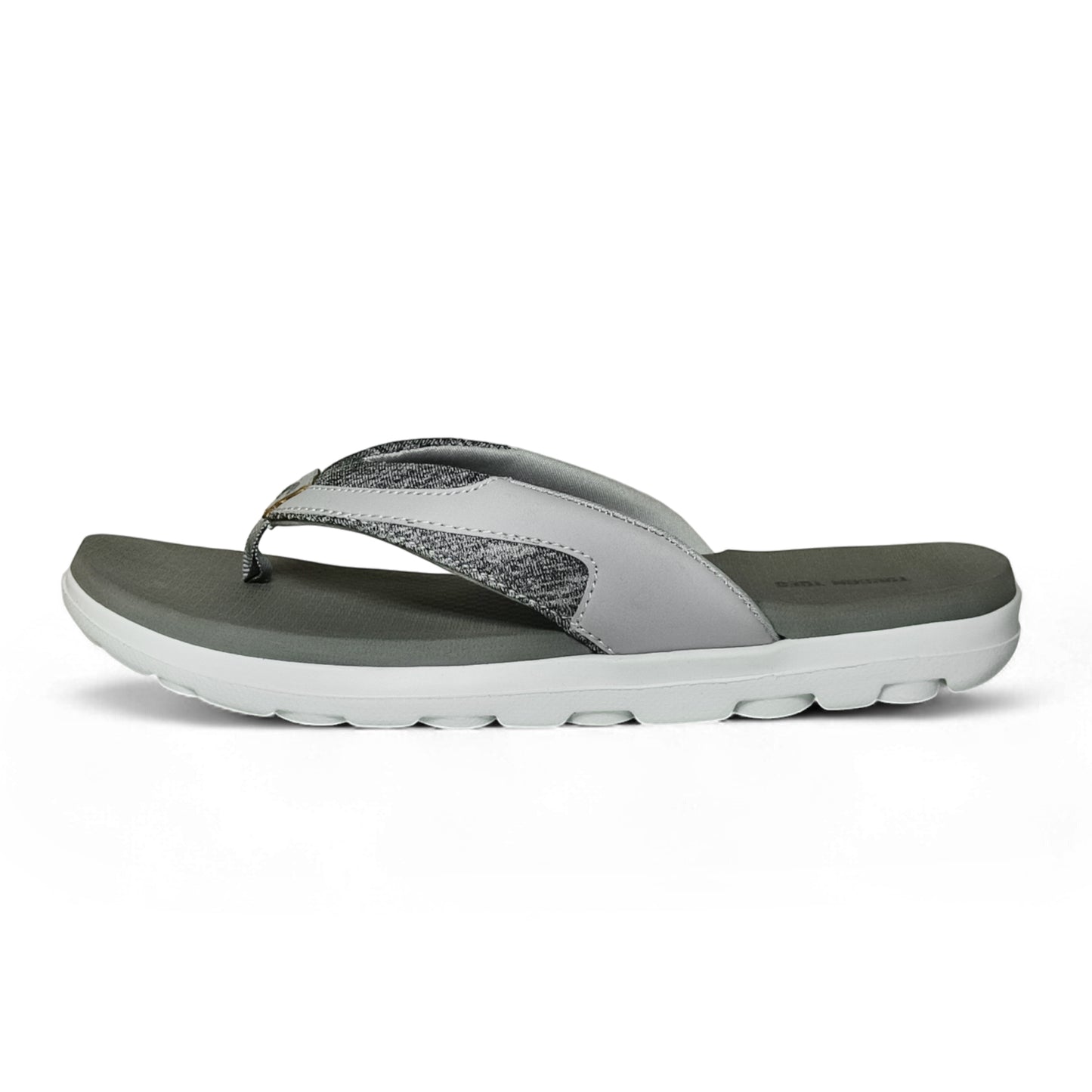 Gray and white men's comfortable flip flop sandal with cushioned sole on white background
