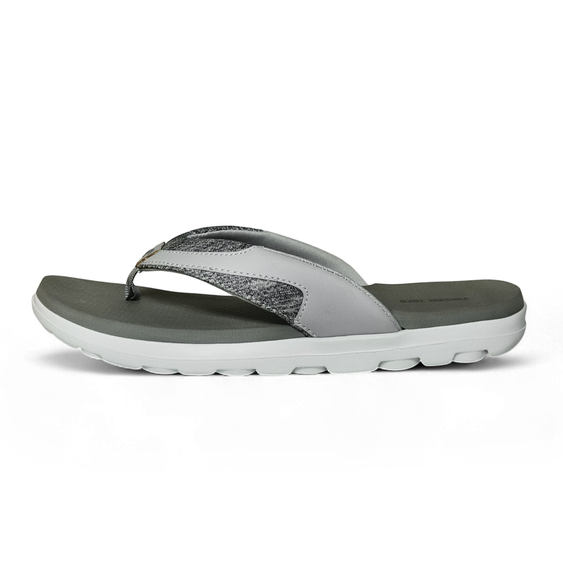 Gray and white men's comfortable flip flop sandal with cushioned sole on white background