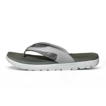 Gray and white men's comfortable flip flop sandal with cushioned sole on white background