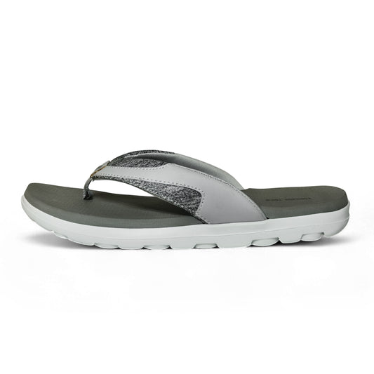 Gray and white men's comfortable flip flop sandal with cushioned sole on white background