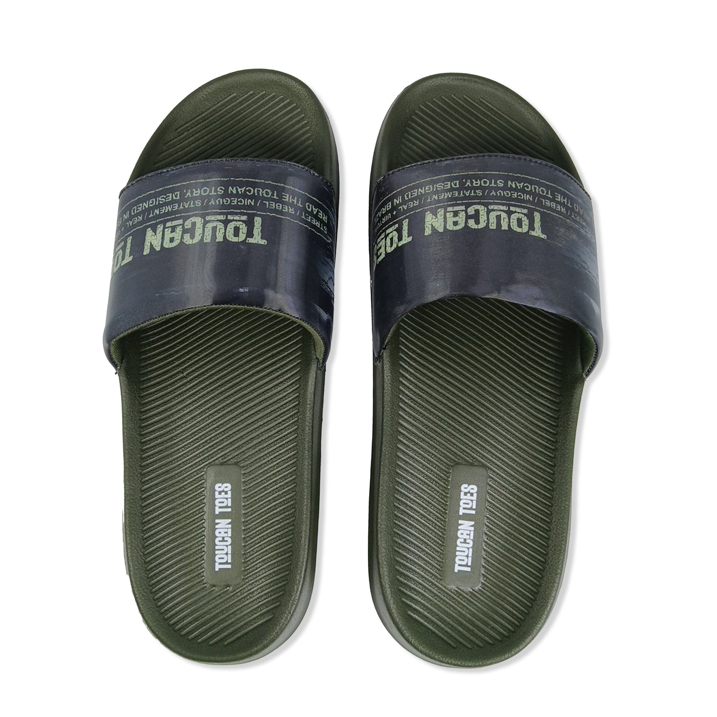 Toucantoes olive green men’s slides with logo, durable stylish footwear for daily wear