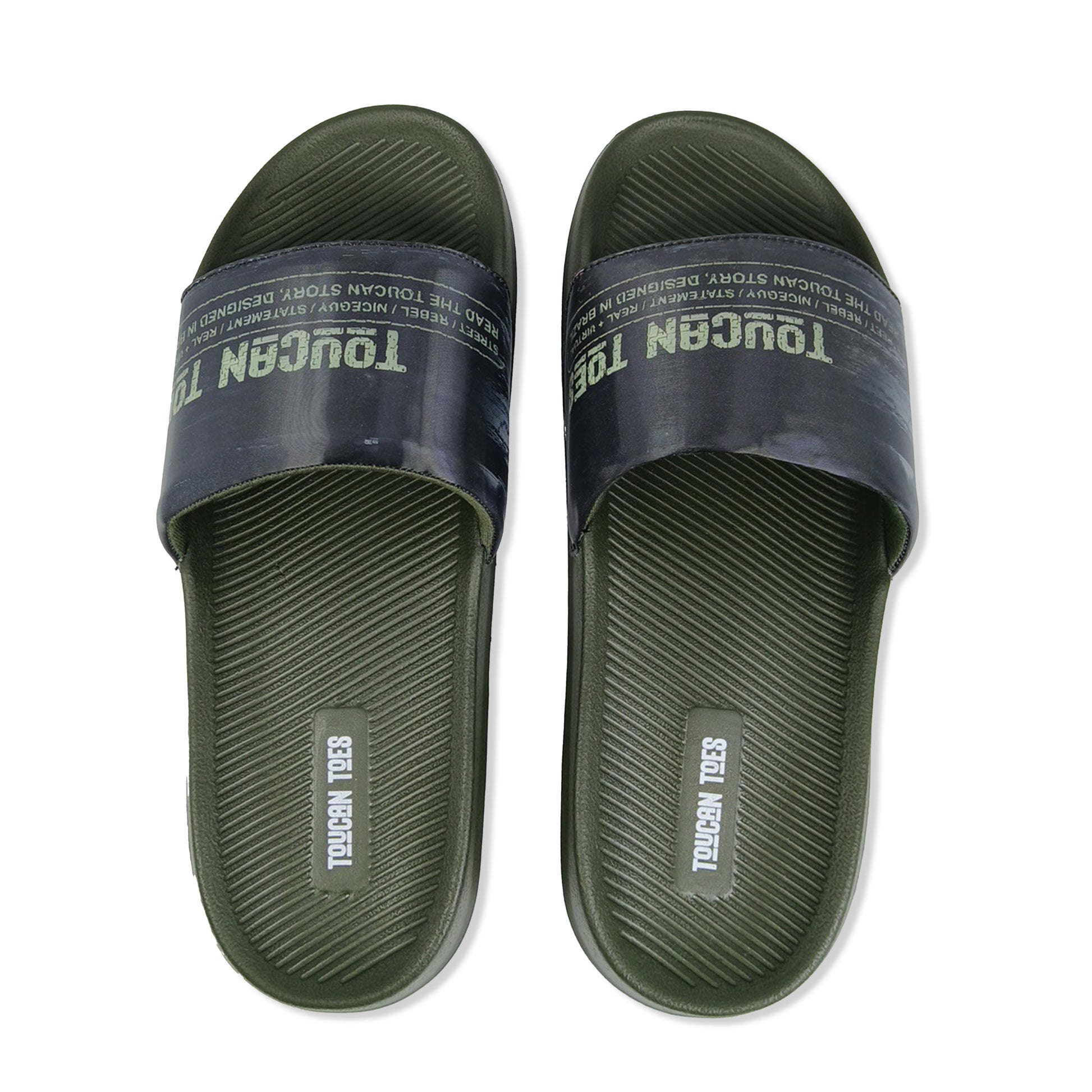 Toucantoes olive green men’s slides with logo, durable stylish footwear for daily wear