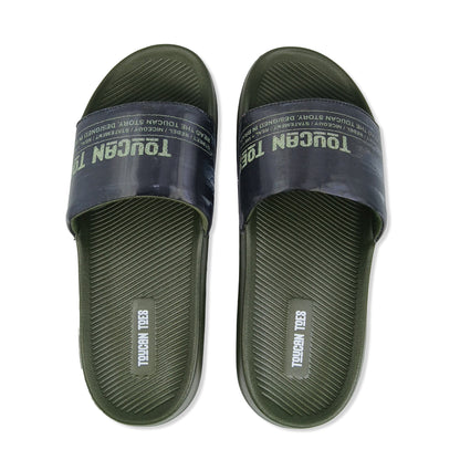 Toucantoes olive green men’s slides with logo, durable stylish footwear for daily wear