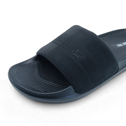 Black rubber slip-on sandal with textured footbed and embossed Cuban Toes logo strap