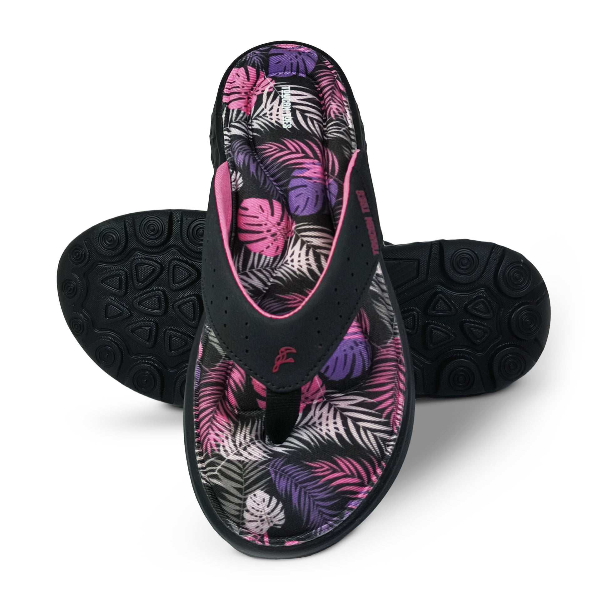 Toucan Toes women's sandal with black upper, colorful leaf pattern, and cushioned sole