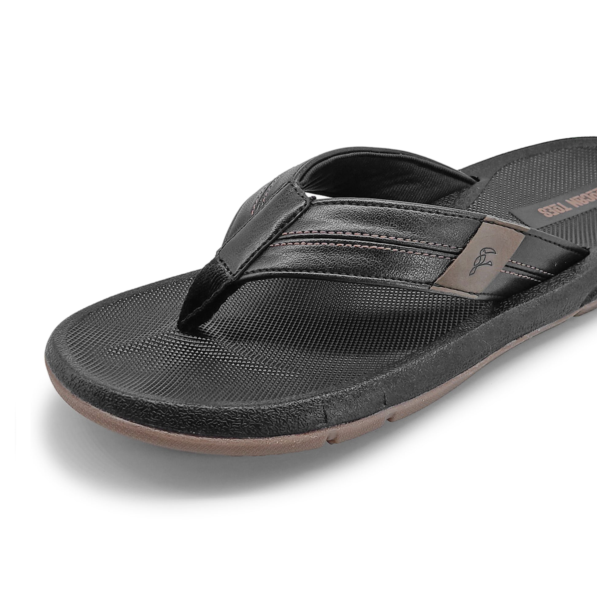 black men's casual flip-flop sandal with textured footbed and brown sole