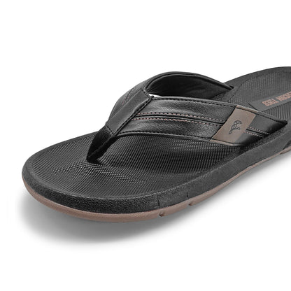 black men's casual flip-flop sandal with textured footbed and brown sole