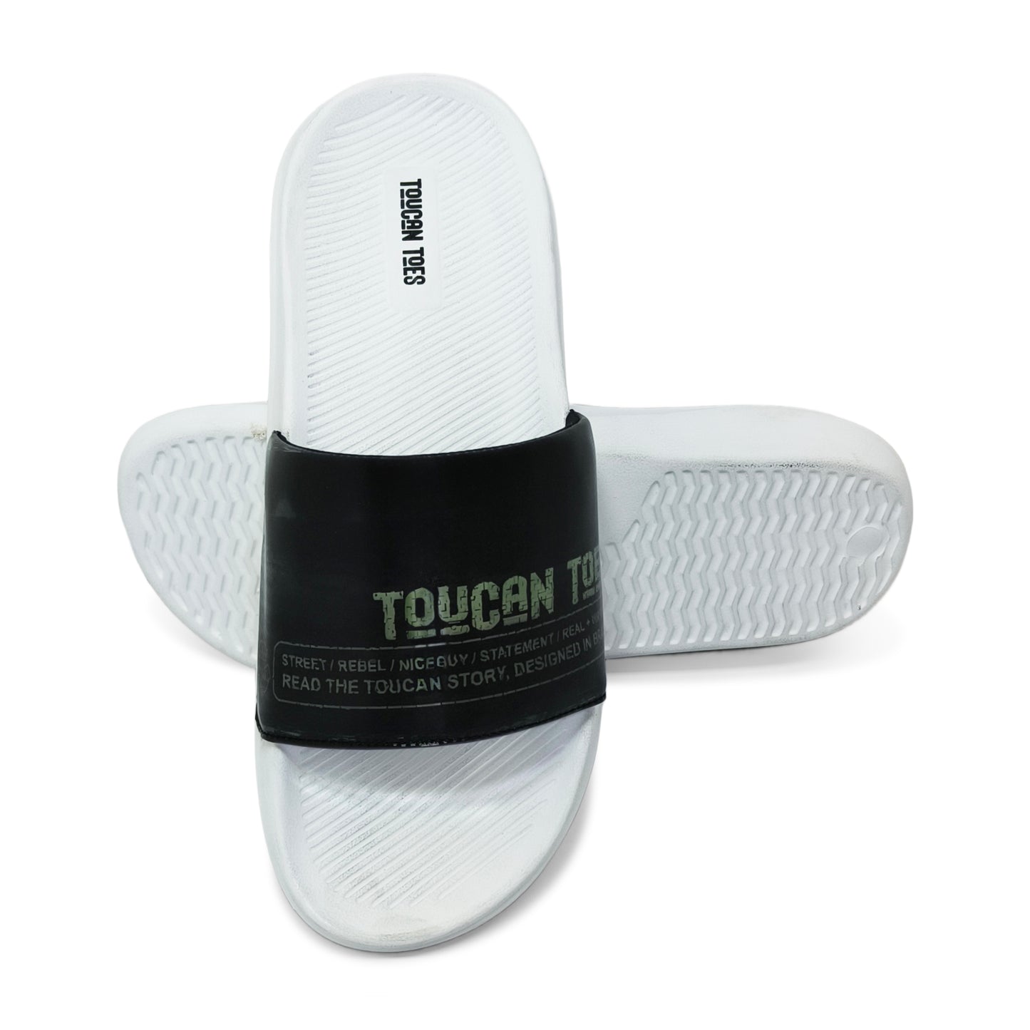 White Toucan Toes slide sandals with black wide strap featuring logo and text, textured footbed and sole