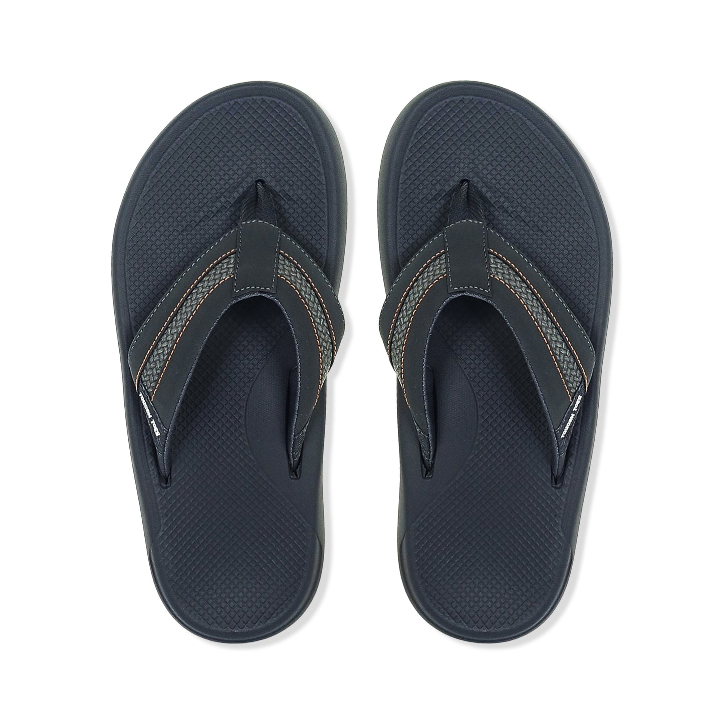 Toucan Toes men's black flip-flops with textured sole and contrast stitching on straps