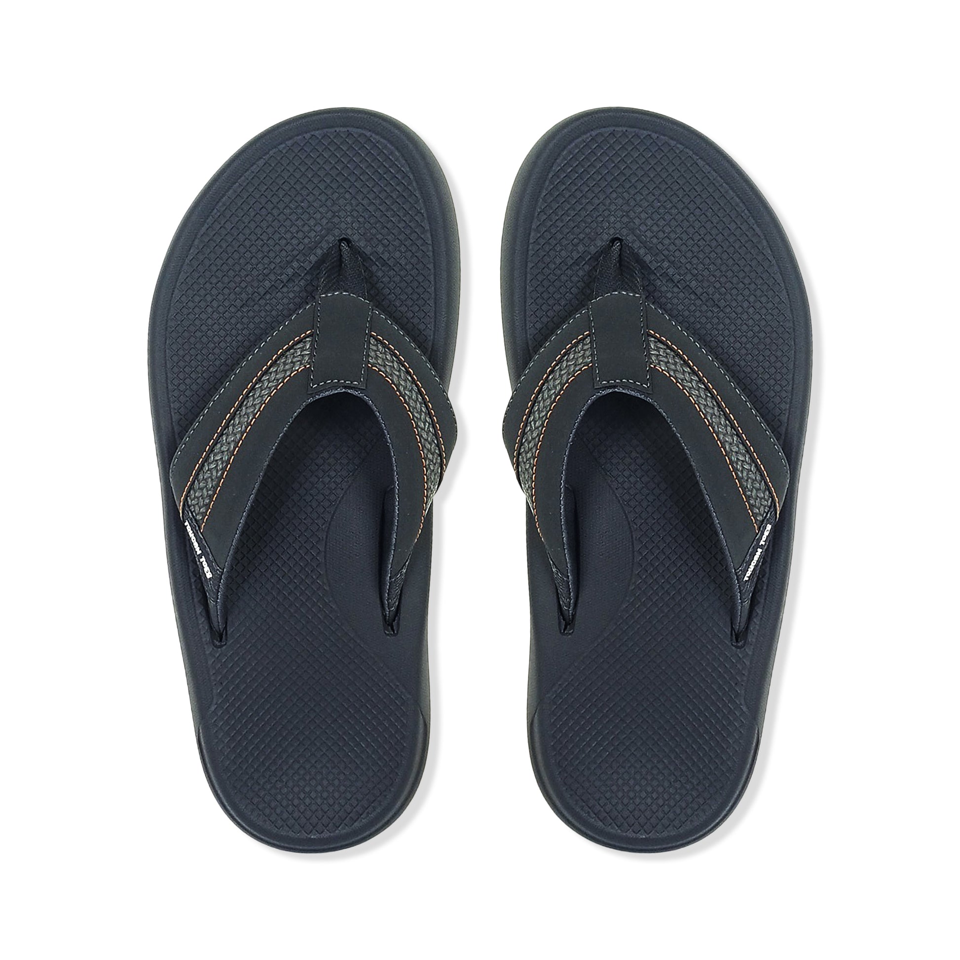 Toucan Toes men's black flip-flops with textured sole and contrast stitching on straps