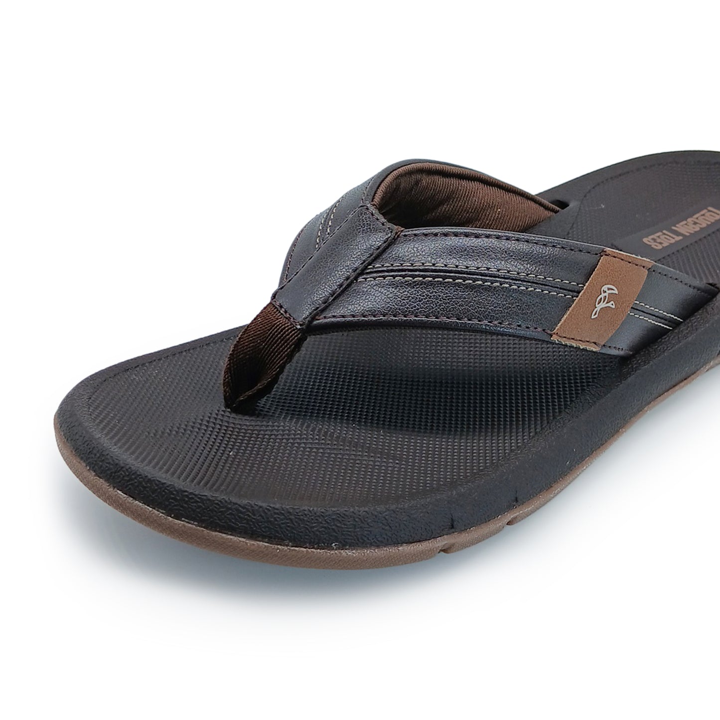 Close-up of black and brown men's casual flip-flop sandal with textured sole and stitched straps