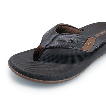Close-up of black and brown men's casual flip-flop sandal with textured sole and stitched straps