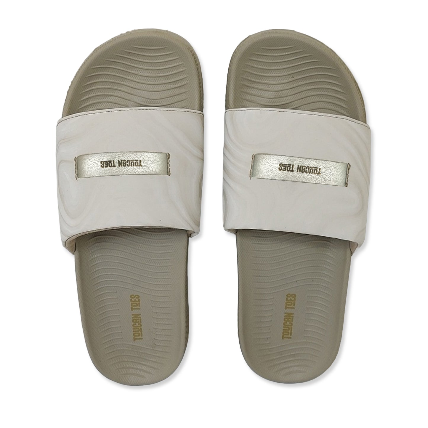 Toucantoes beige slides with textured footbed and marbled strap, premium casual footwear