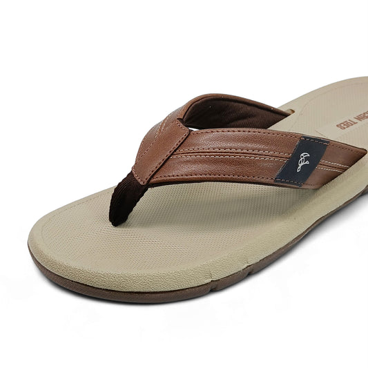 Men's brown leather strap flip-flop sandal with beige textured sole on white background