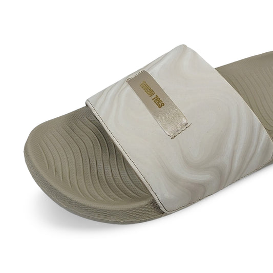 Toucantoes beige slide sandal with textured sole and marbled strap, premium daily footwear