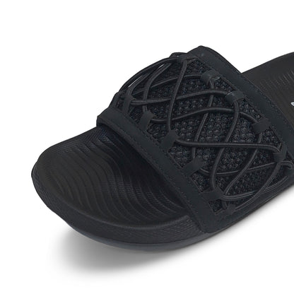 Toucan Toes black slide sandal with textured sole and woven strap, stylish and comfortable footwear