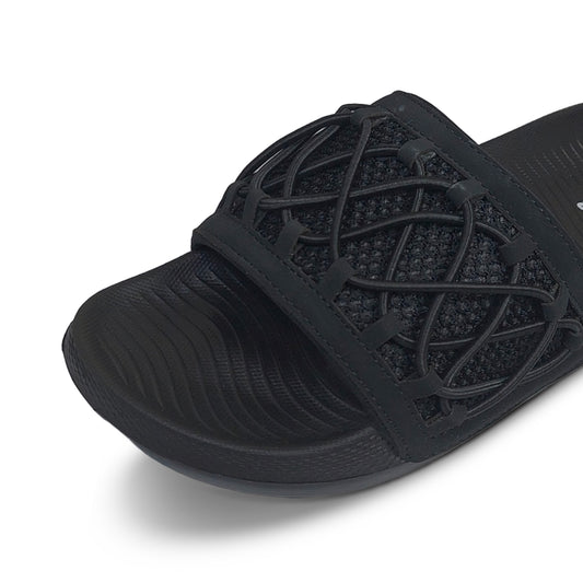 Toucan Toes black slide sandal with textured sole and woven strap, stylish and comfortable footwear