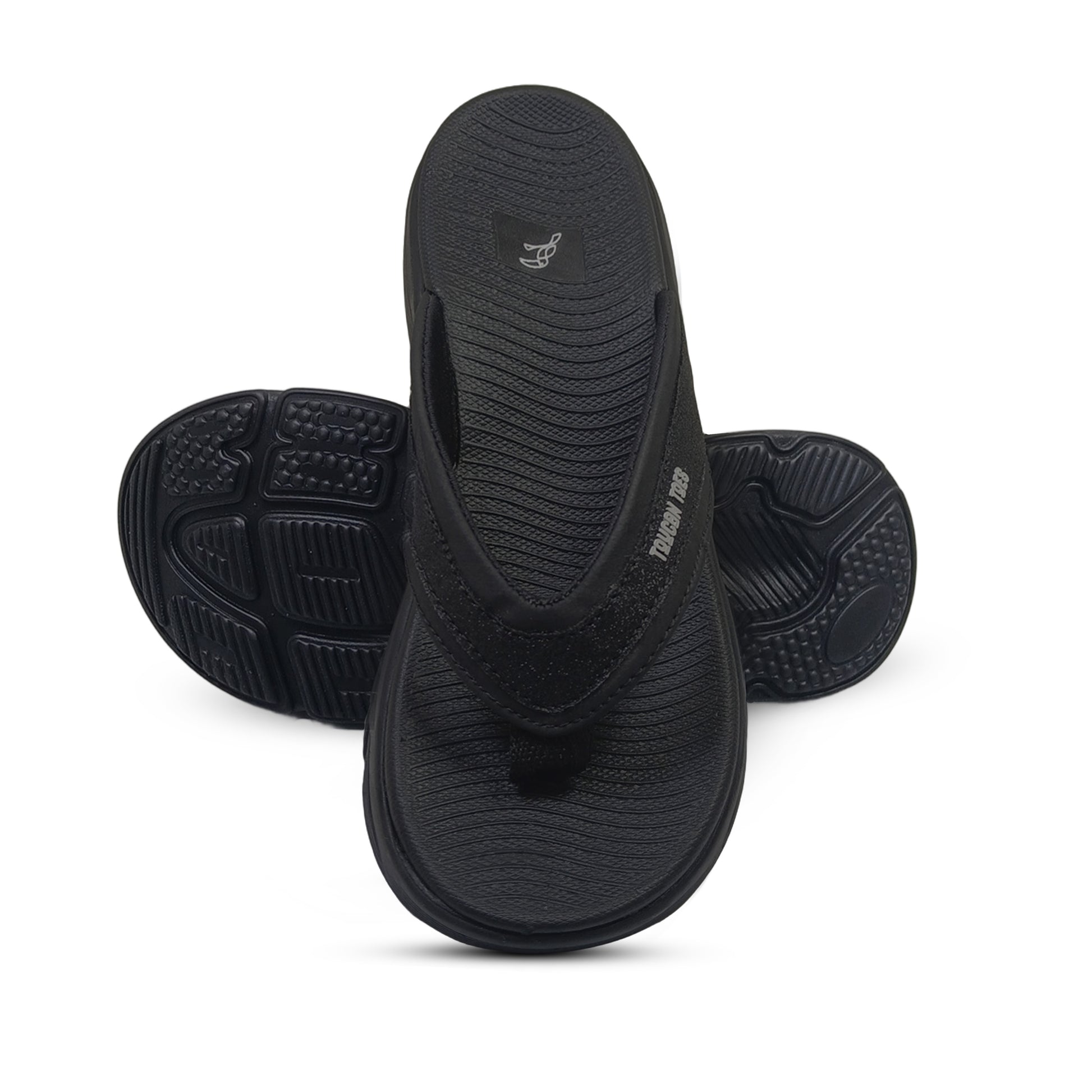 Black Toucantoes flip-flops with textured sole, comfortable and stylish footwear for men.