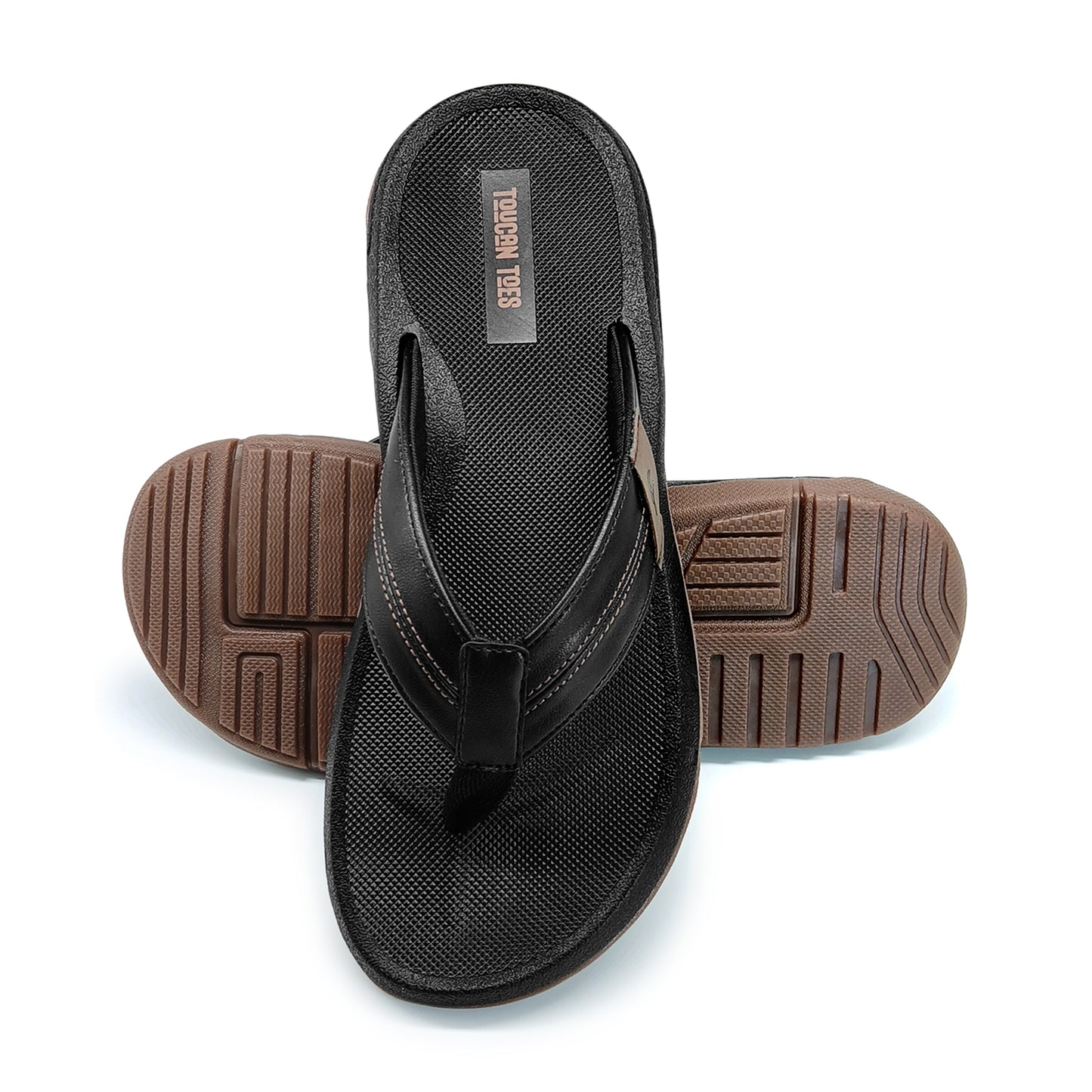 Black and brown men's flip-flop sandals with textured sole and cushioned footbed