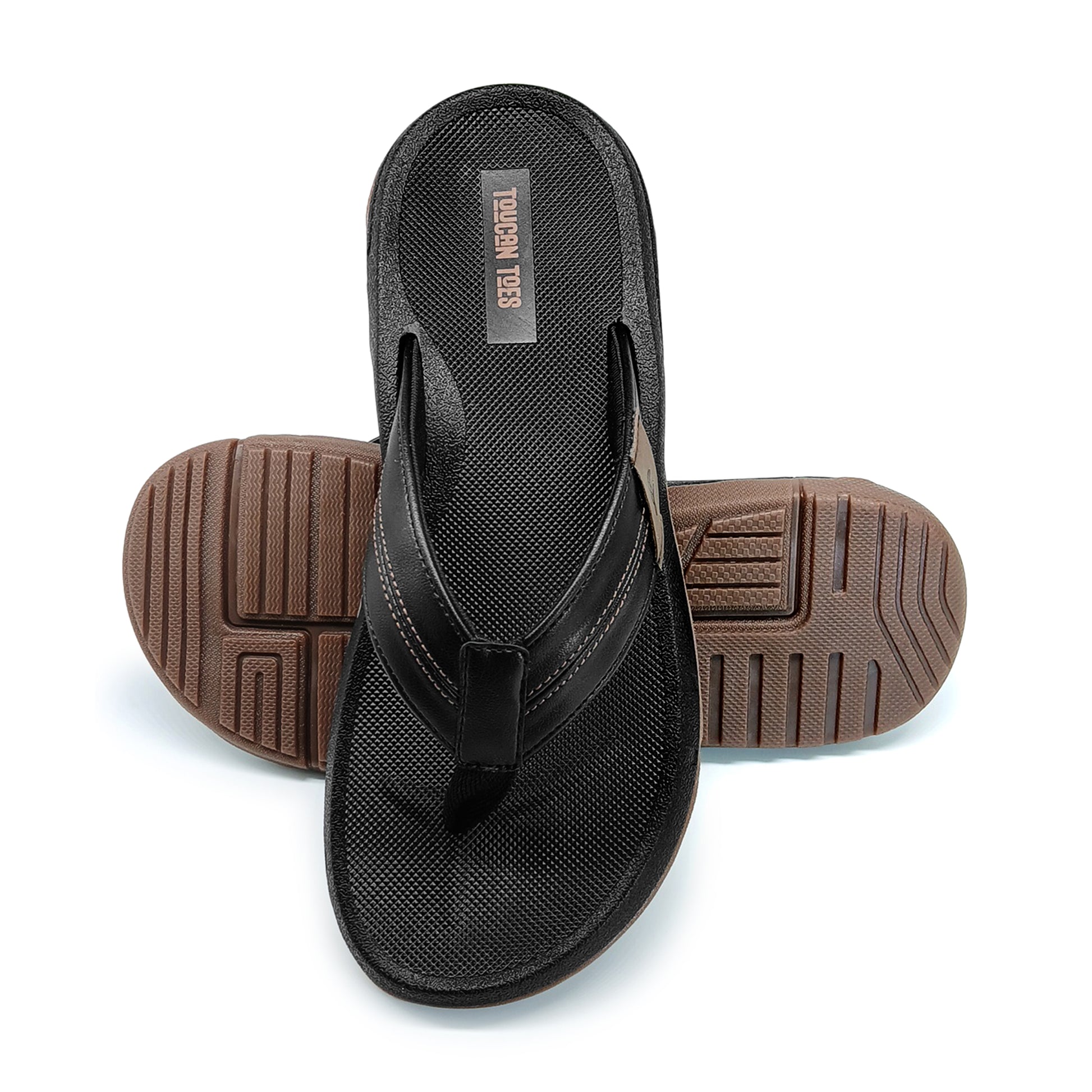 Black and brown men's flip-flop sandals with textured sole and cushioned footbed