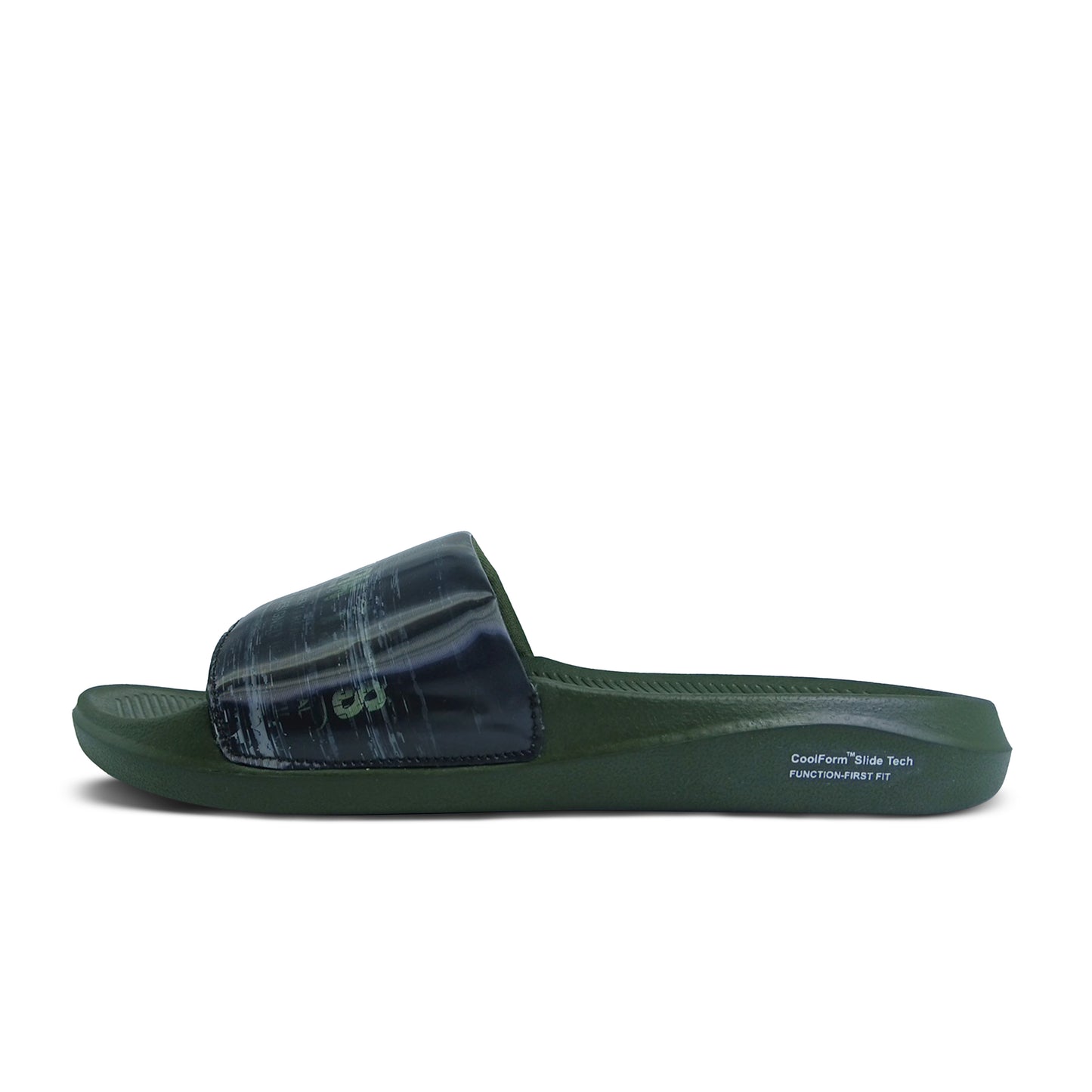 Toucantoes dark green slide sandal with wide textured strap for men and women, side view