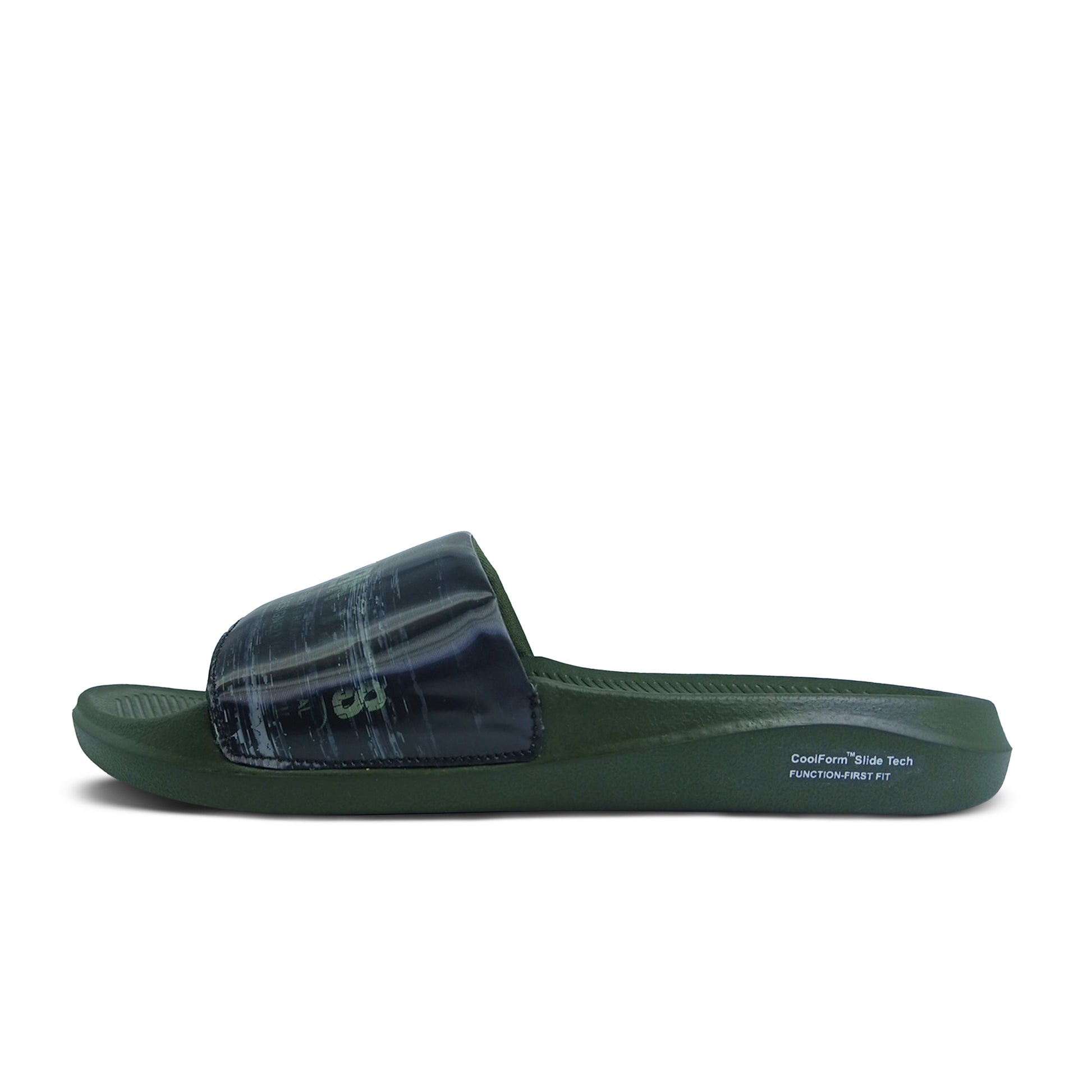 Toucantoes dark green slide sandal with wide textured strap for men and women, side view