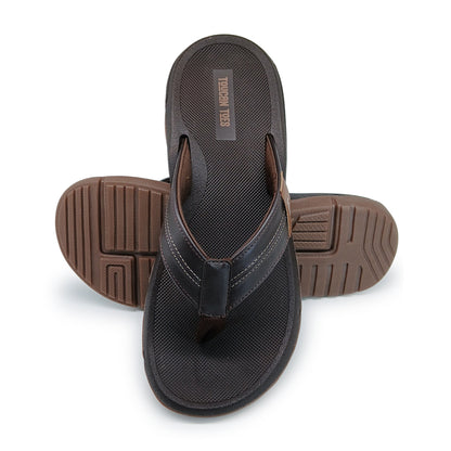 Black and brown men's flip flop sandals with textured soles and stitched straps on white background