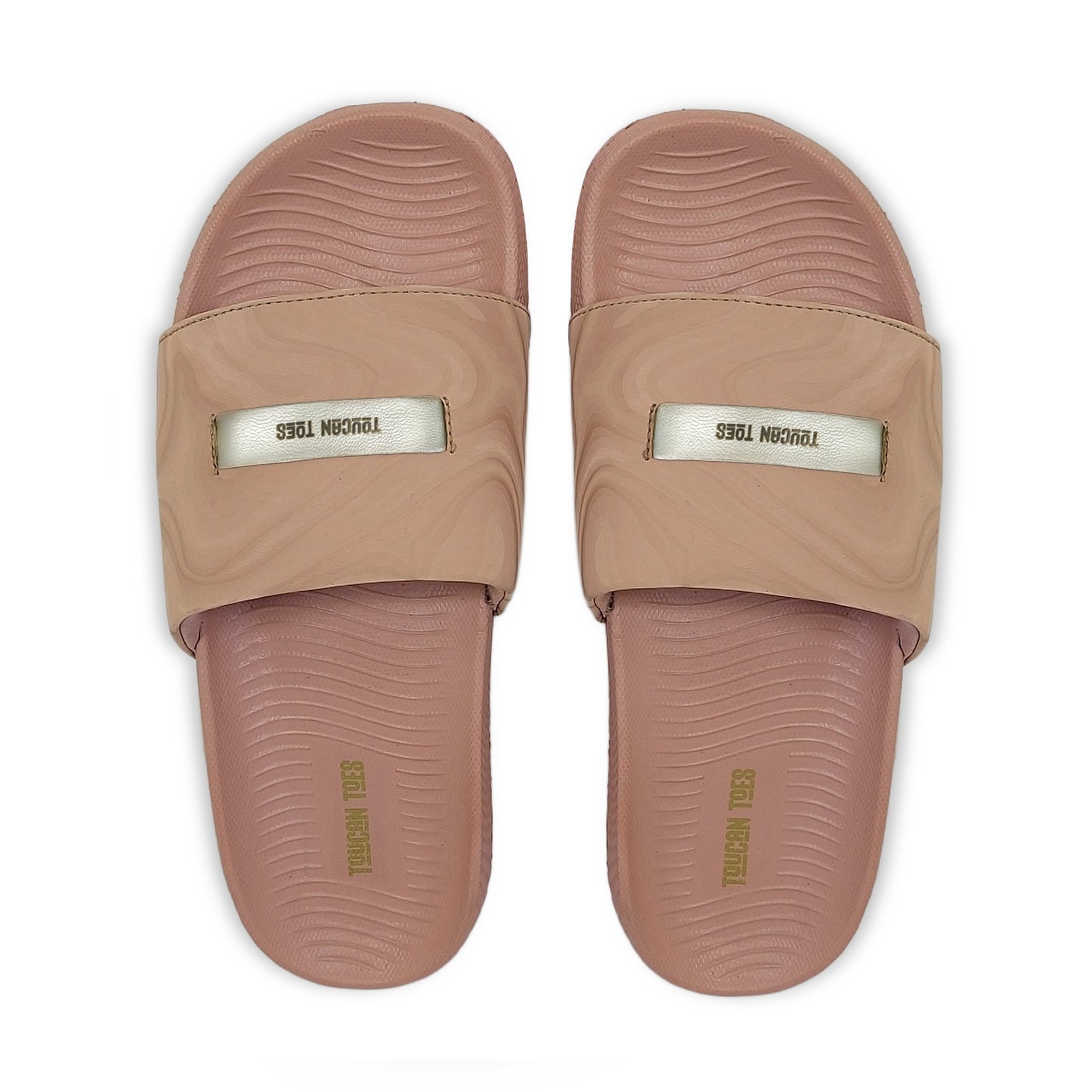 Toucantoes stylish pink slides with textured footbed and branded straps, premium footwear India